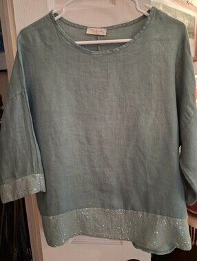 BELLA UMBRA Light Teal Linen-Sequin  Top sz S MADE IN ITALY